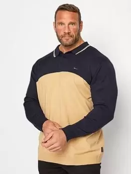 Image of BadRhino Long Sleeve Navy & Tan Knitted Polo, Navy, Size L, Men