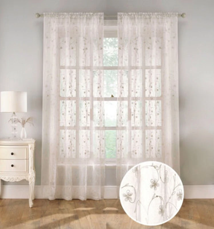 Image of Tyrone Textiles Pair Of Belle Cream Sheer Floral Embroidery Voile Panels With Rod Pocket Header 183 Cms