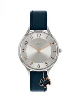 Image of Radley Saxon Road Silver Sunray And Rose Gold Detail Dog Charm Dial Navy Leather Strap Ladies Watch