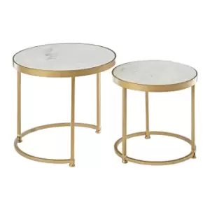 Image of Set of 2 White Marble Nest Tables with Gold Finish