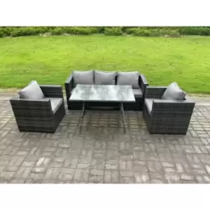 Image of Fimous 5 Seater Outdoor Dark Grey Wicker PE Rattan Garden Dining Set with Lounge Sofa, Oblong Dining Table, and 2 Armchairs