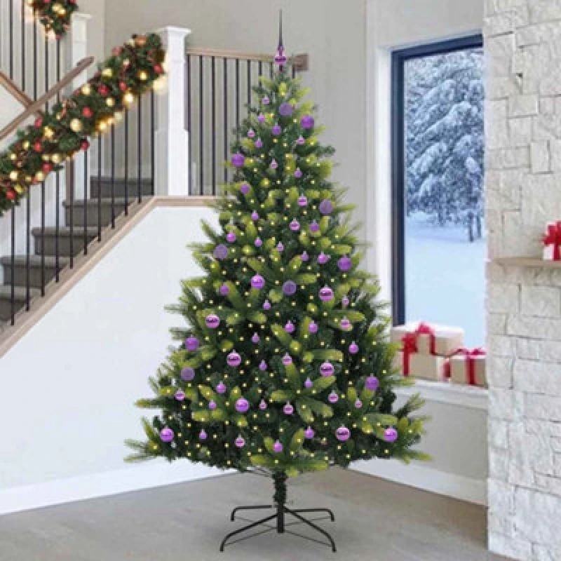 Image of vidaXL Artificial Hinged Christmas Tree 300 LEDs, Lilac Balls Green 240 cm, Green 3396015
