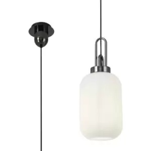 Image of Luminosa 1 Light Pendant E27 With 20cm Tubular Ribbed Glass, Opal Black Chrome, Matt Black
