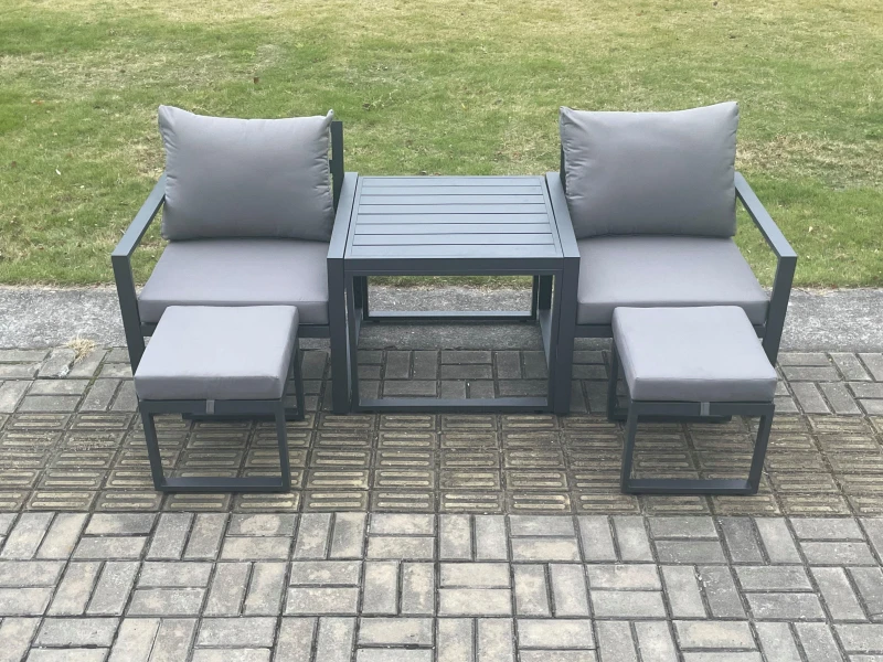 Image of Fimous Aluminium 5 Pieces Garden Furniture Sofa Set Chair & 2 Small Footstool with Table Including Cushions Dark Grey Dark Grey Unisex
