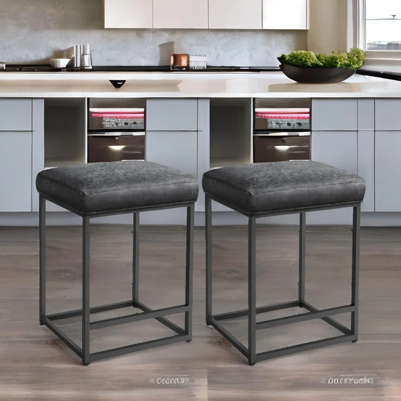 Image of Rafaelo Mobilia Set Of 2 Faux Leather Low Bar Stools With Footrest in Black Unisex
