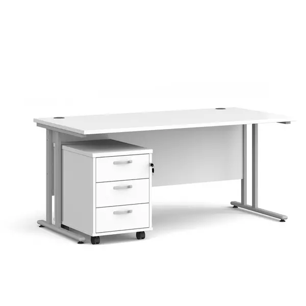 Image of Maestro 25 Straight Desk Silver Frame White Table Top and 3 Drawer Pedestal - 1600mm