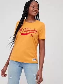 Image of Superdry Vintage Script Style Coll Tee -thrift Gold Marl, Gold, Size 8, Women