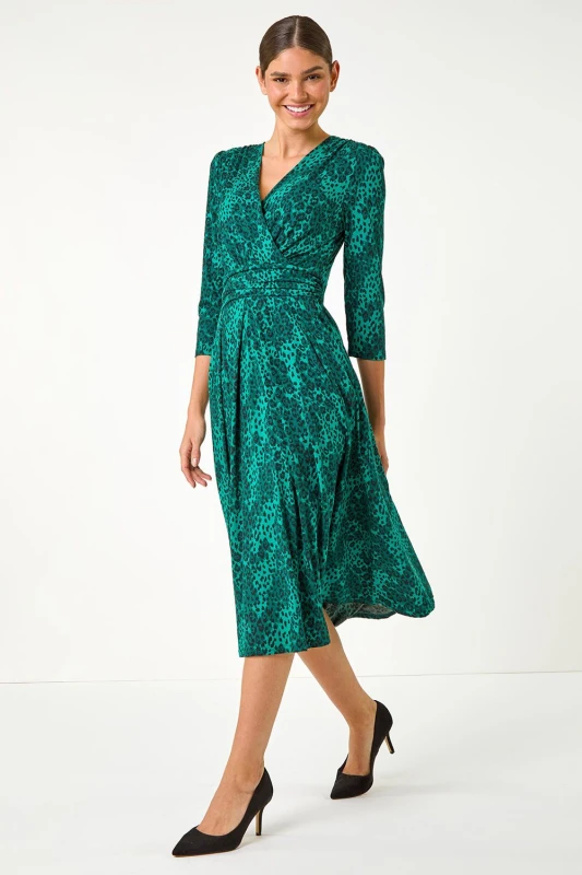 Image of Roman Womens Animal Print Mock Wrap Midi Dress in Green Size: 12 Green Female 12