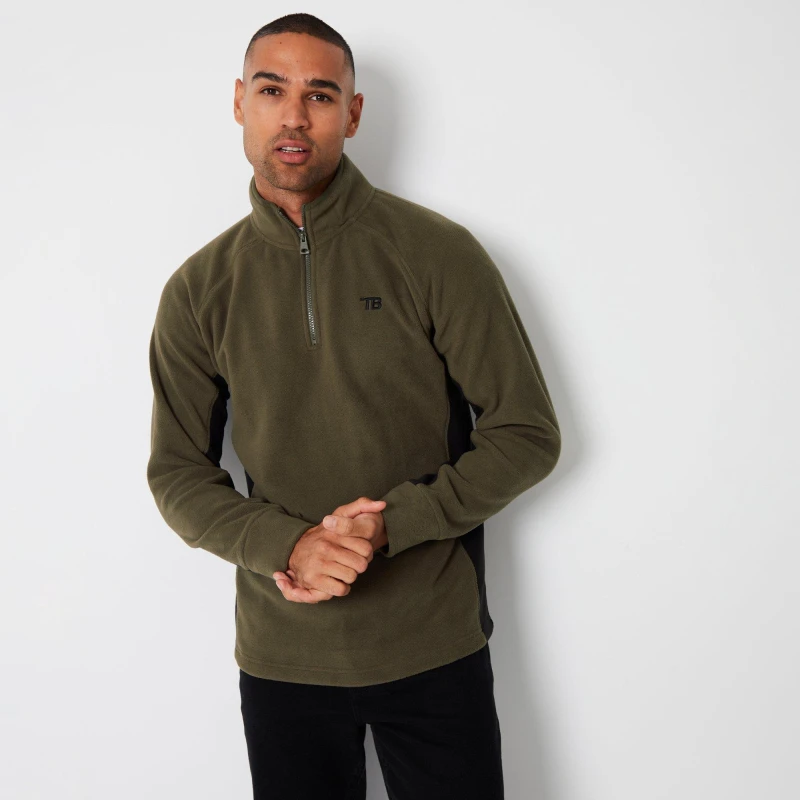 Image of Threadbare 'Trance' Contrast Side Panel Quarter Zip Fleece Khaki