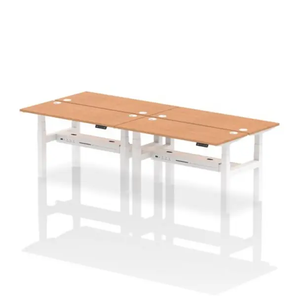 Image of Air Air Back-to-Back 1400 x 600mm Height Adjustable 4 Person Bench Desk Oak Top with Cable Ports White Frame HASCP4P14600OAKW
