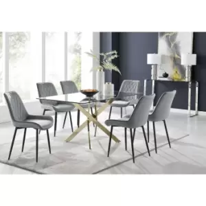 Image of Furniturebox Leonardo 150cm Modern Glass And Gold Metal Dining Leg Table And 6 Elephant Grey Pesaro Velvet Black Leg Dining Chairs