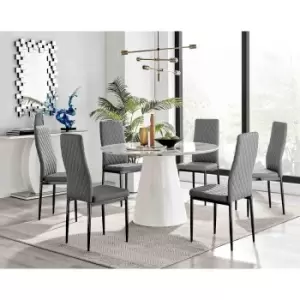 Image of Furniture Box Palma White Marble Effect Round Dining Table and 6 Grey Milan Black Leg Chairs