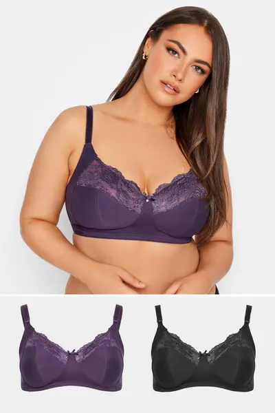Image of Yours 2 Pack Cotton Lace Trim Non-Padded Bras Purple