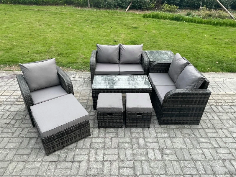 Image of Fimous 8 Seater Rattan Outdoor Garden Furniture Sofa Set Patio Table & Chairs Set with Side Table 3 Footstools Dark Grey Mixed Dark Grey