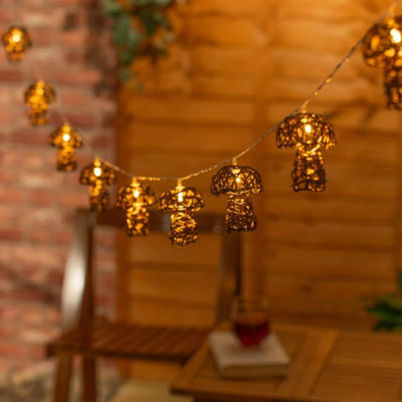 Image of ValueLights ValueLights Mushroom Rattan 10 x Battery Operated Outdoor Garden String Lights in Brown Brown One Size Unisex 5016529271031