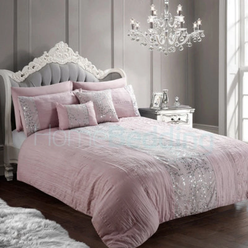 Image of Intimates Elegant Pleated Design Duvet Cover & Pillowcase Set, Sequin Bedding, Bedroom Decor, Wrinkle-Resistant & Machine Washable - Pink