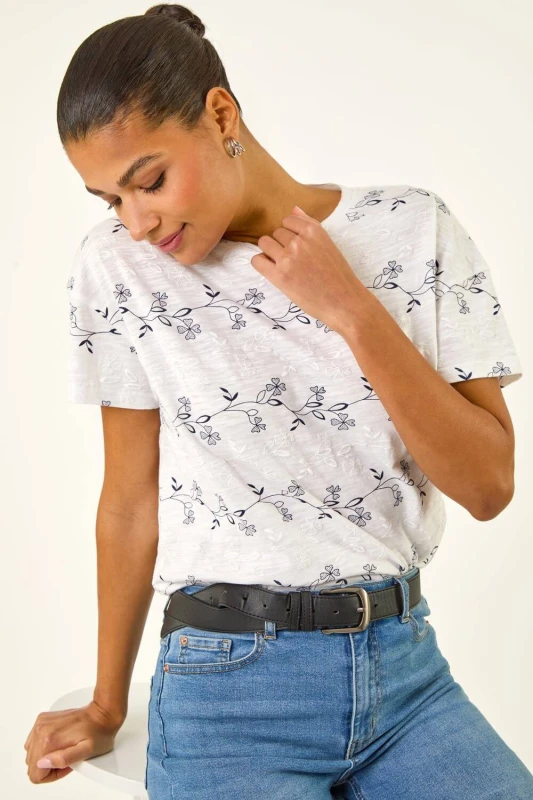 Image of Roman Womens Floral Puff Print T-Shirt in Ivory Size: 20 Ivory Female 20