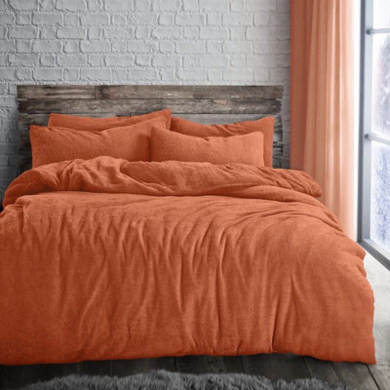 Image of Velosso Teddy Fleece Duvet Cover & Pillowcase Set - Button Enclosure, Machine Washable Bedroom Essentials - Rust