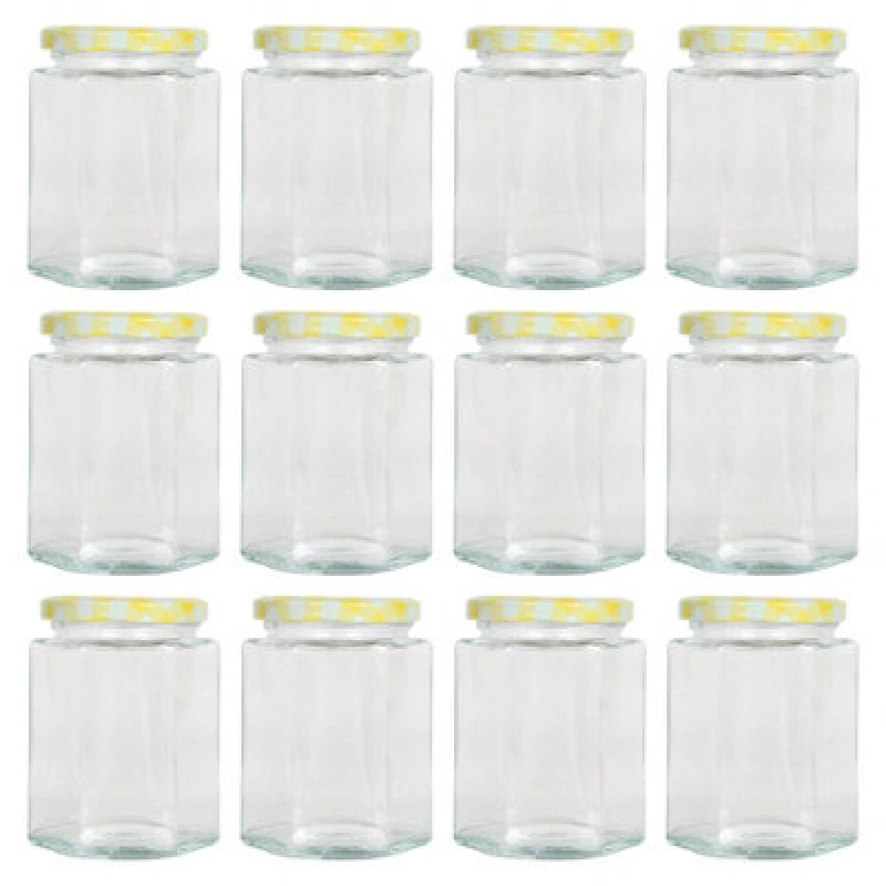 Image of Argon Tableware Hexagonal Glass Jam Jars With Yellow Gingham Lids - 250ml - Pack Of 12