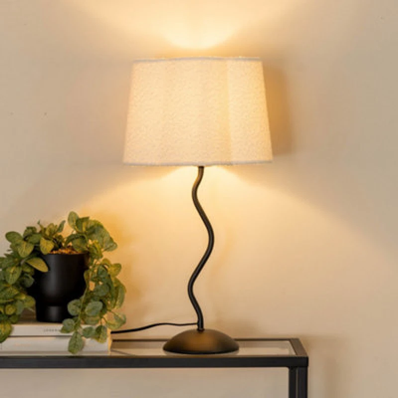 Image of ValueLights Wiggle Black Metal Single Stem Table Lamp with Cream Boucle Scallop Lamp Shade Black