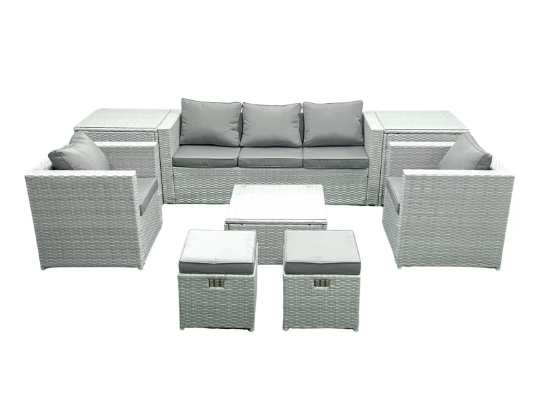 Image of Fimous 7 Seater Rattan Garden Furniture Set with 3 Seater Sofa 2 Chair Square Coffee Table 2 Small Footstools 2 Side Tables Light Grey Mixed Light Gre