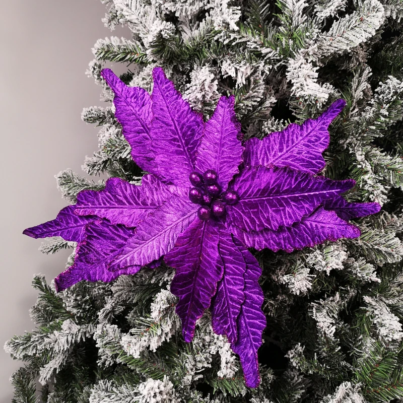 Image of 76cm Purple Velvet Poinsettia Stem with Glitter Christmas Decoration