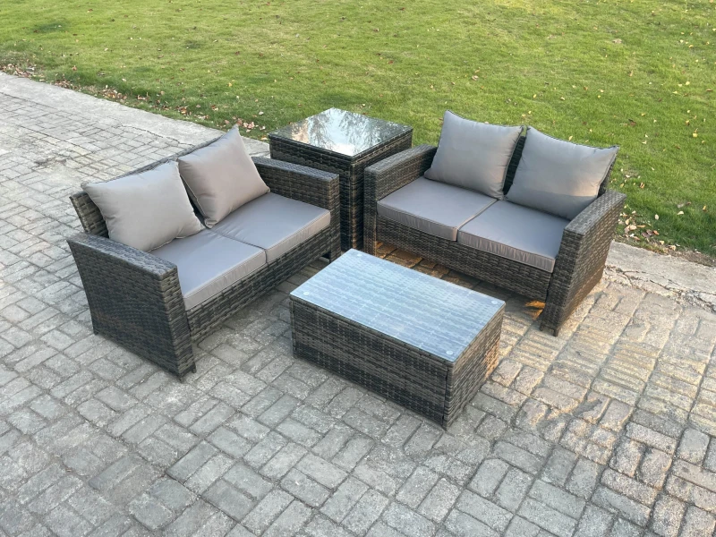 Image of Fimous Wicker Rattan Garden Furniture Sofa Set with Rectangular Coffee Table Double Seat Sofa Side Table Outdoor Rattan Set in Dark Grey Dark Grey Uni