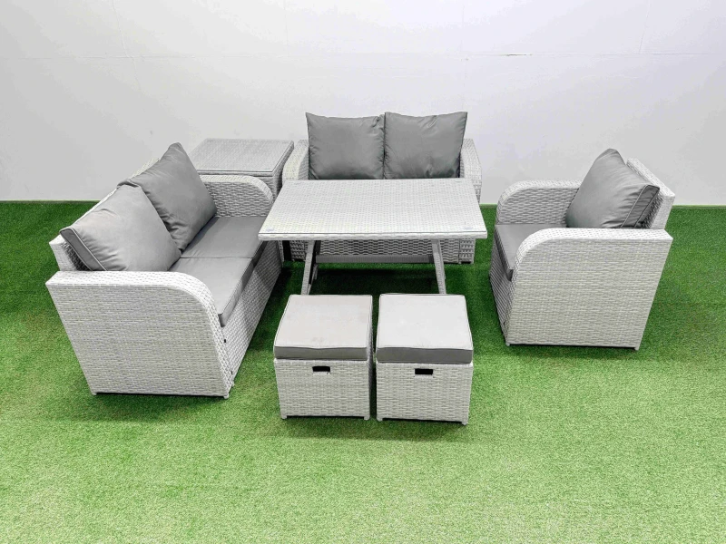 Image of Fimous 7 Seater Rattan Garden Furniture Set Love Sofa Reclining Chair Sets in Light Grey Light Grey Unisex