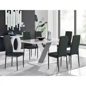 Image of Furniture Box Monza 6 White/Grey Dining Table and 6 Black Milan Black Leg Chairs