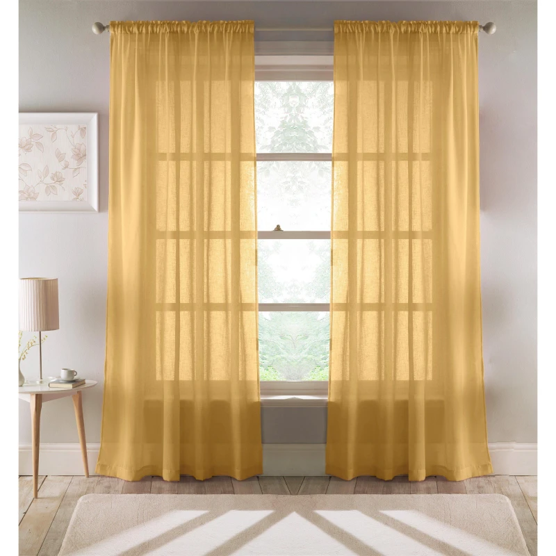 Image of Tyrone Textiles Recycled Eco Friendly Linen Look Plan Voile Panel Pair with Rod Pocket- Ready To Hang Yellow