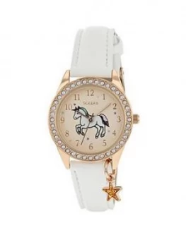 Image of Tikkers Tikkers Gold Unicorn Sunray Crystal Set Dial With Star Charm And White Leather Strap Kids Watch