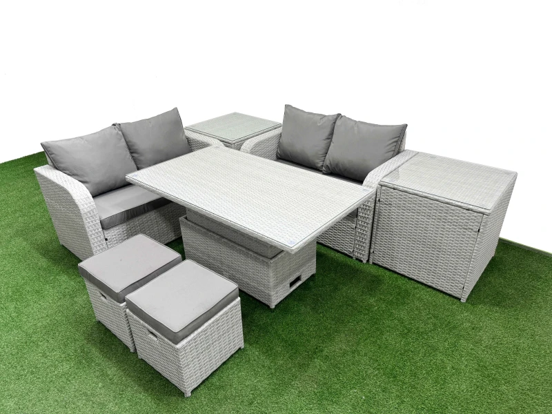 Image of Fimous 6 Seater Outdoor Love Sofa Set Rattan Garden Furniture Set with Adjustable Lifting Dining or Coffee Table 2 Small Stools 2 Side Tables Light Gr