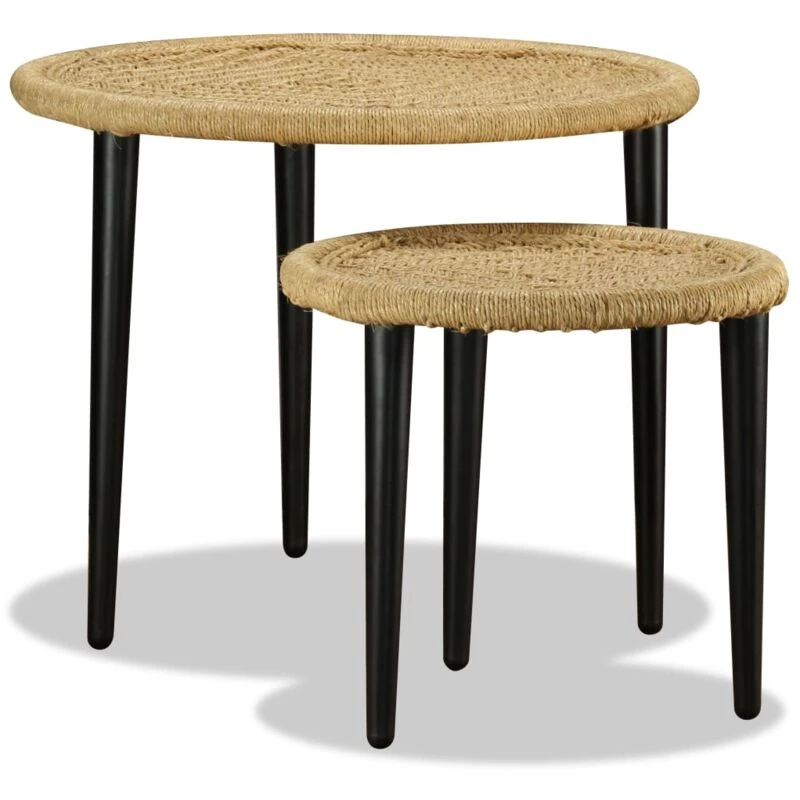 Image of vidaXL Round Coffee Table Set Side Table Sofa Couch Table 2 Piece Natural Jute