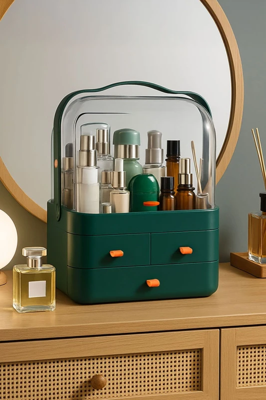 Image of Neo Acrylic Makeup Organiser Cosmetic Storage Box in Dark Green Dark Green Unisex
