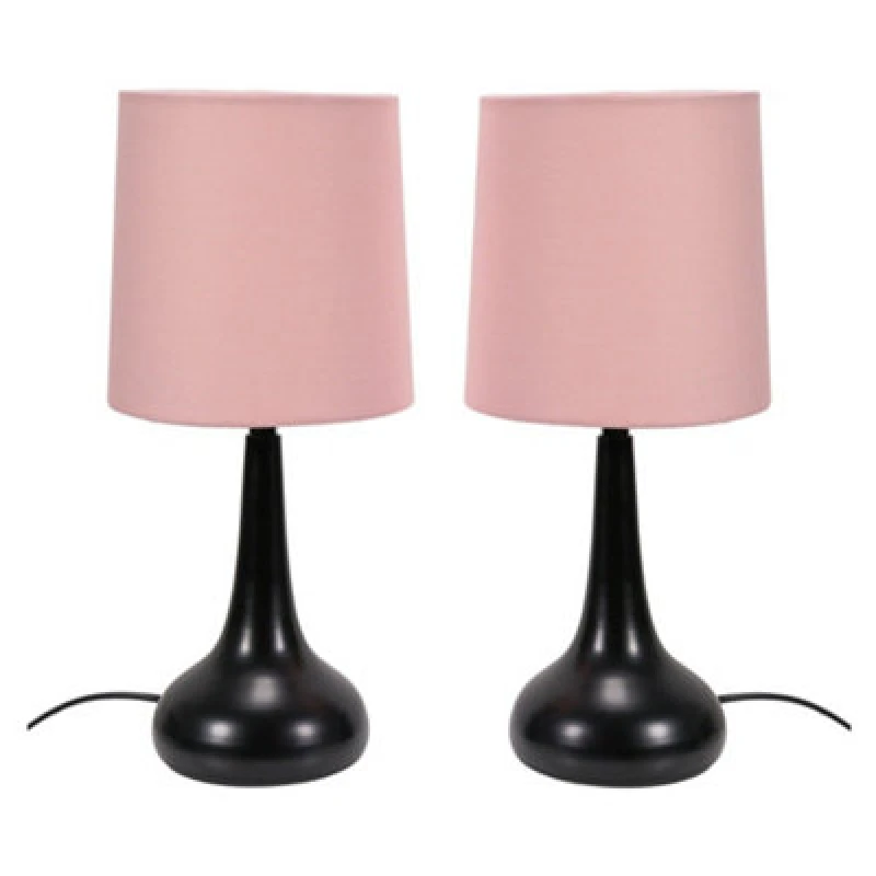Image of ValueLights Teardrop Pair of Black Touch Table Lamps with Fabric Shade Baby Pink