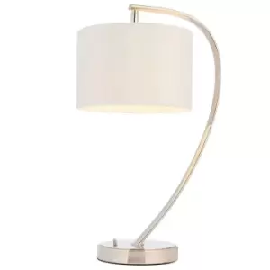 Image of Modern Curved Table Lamp Nickel & White Shade Metal Arm Bedside Feature Light