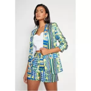 Image of I Saw It First Blue Ruched Sleeve Printed Blazer - Blue