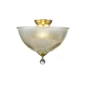 Image of Dresden 2 Light Semi Flush Ceiling Lamp E27 With Dome 38cm Glass Shade Satin Gold, Clear
