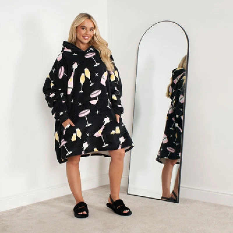 Image of OHS OHS Champagne Print Hoodie Blanket Oversized Jumper Throw in Black One Size Unisex 5027434164691