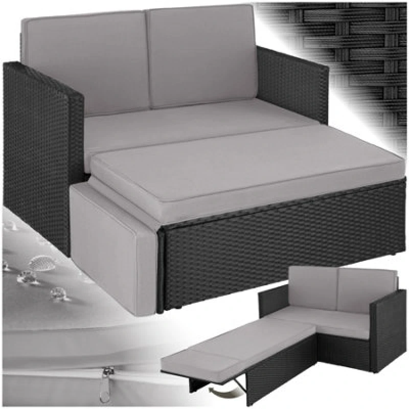 Image of Tectake Garden Sofa Corfu - 2 Seater Sofa, Stool Sun Lounger, Thick Cushions - Black/grey