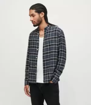 Image of AllSaints Size: L Mens Mettah Check Ramskull Shirt, Grey Tide Blue