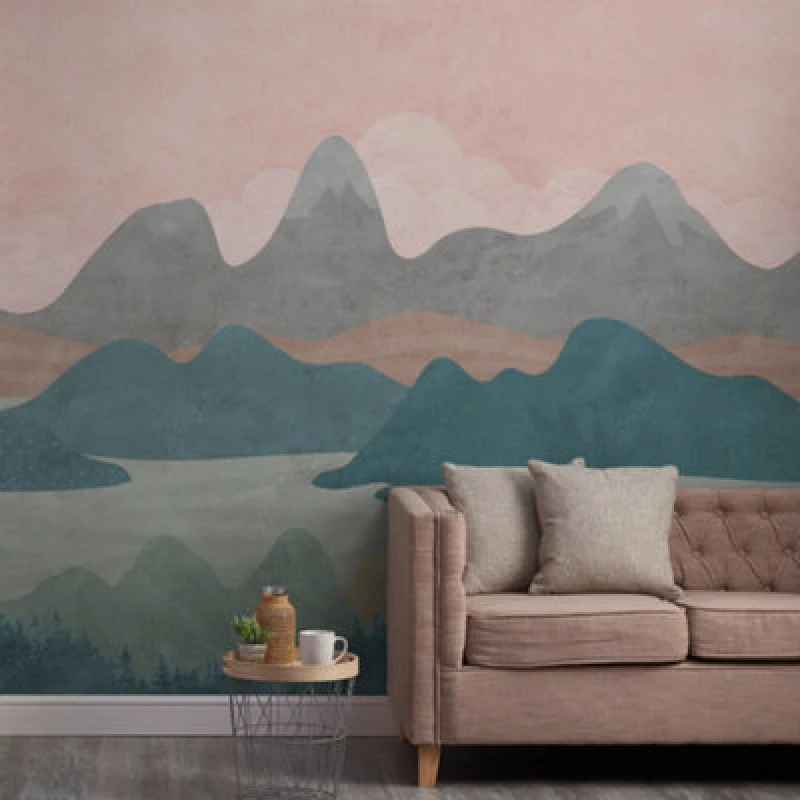 Image of Grandeco Hills & Mountains Landscape 7 Panel Repeatable Textured Mural, 3.71 X 2.8M Pink Teal