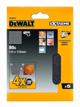 Image of DEWALT Extreme 4X Life Mesh 115mm x 115mm Sanding Sheets 80g Pack of 5