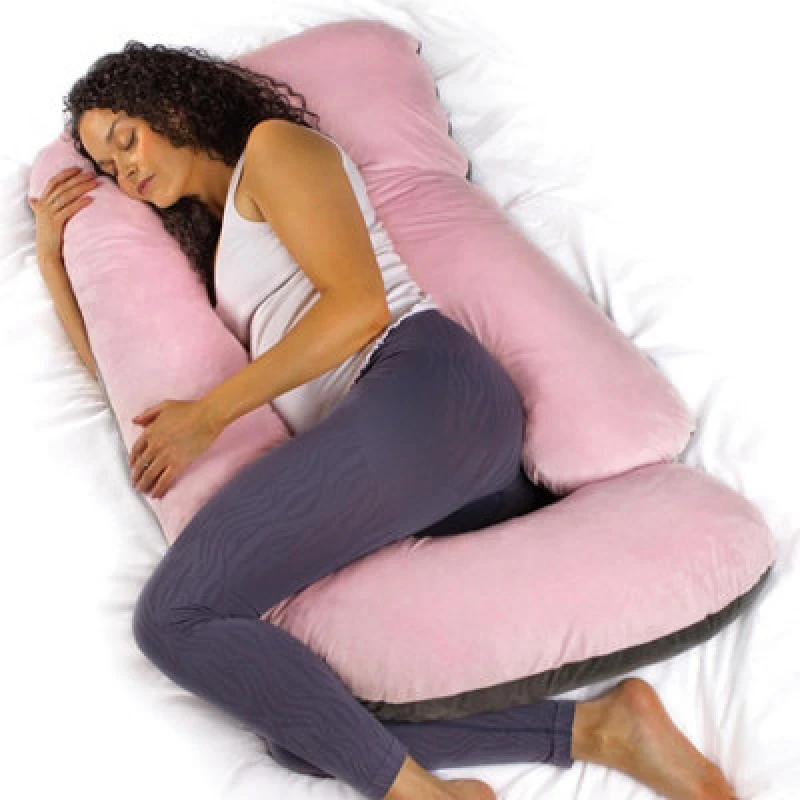 Image of Aamira J Shaped Pregnancy Pillow Pink & Dark Grey, 140X70X20Cm Shredded Memory Foam Full Body Maternity Cushion For Sleeping
