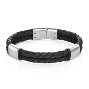 Image of Black Leather Bracelet with Brush Finish Detail