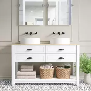 Image of 1250mm White Countertop Double Vanity Unit with Wood Effect Top and Basins - Kentmere
