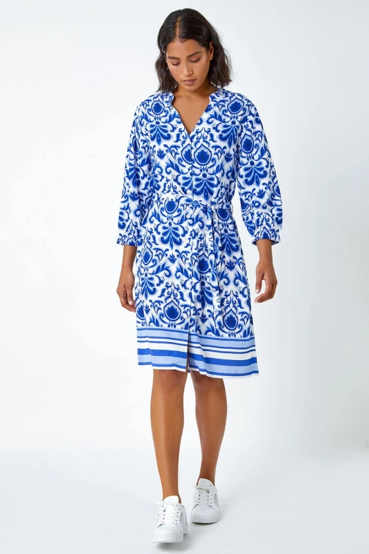 Image of Roman Womens Abstract Border Print Shirt Dress in Royal Size: 18 Royal Female 18
