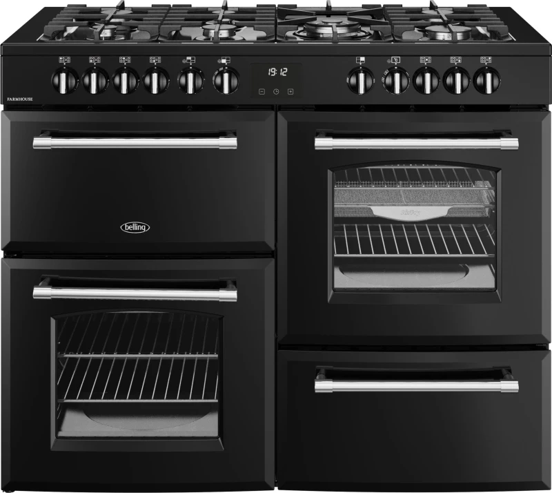 Image of Belling Farmhouse 110DF 110cm Dual Fuel Range Cooker - Black / Antique Brass - A Rated