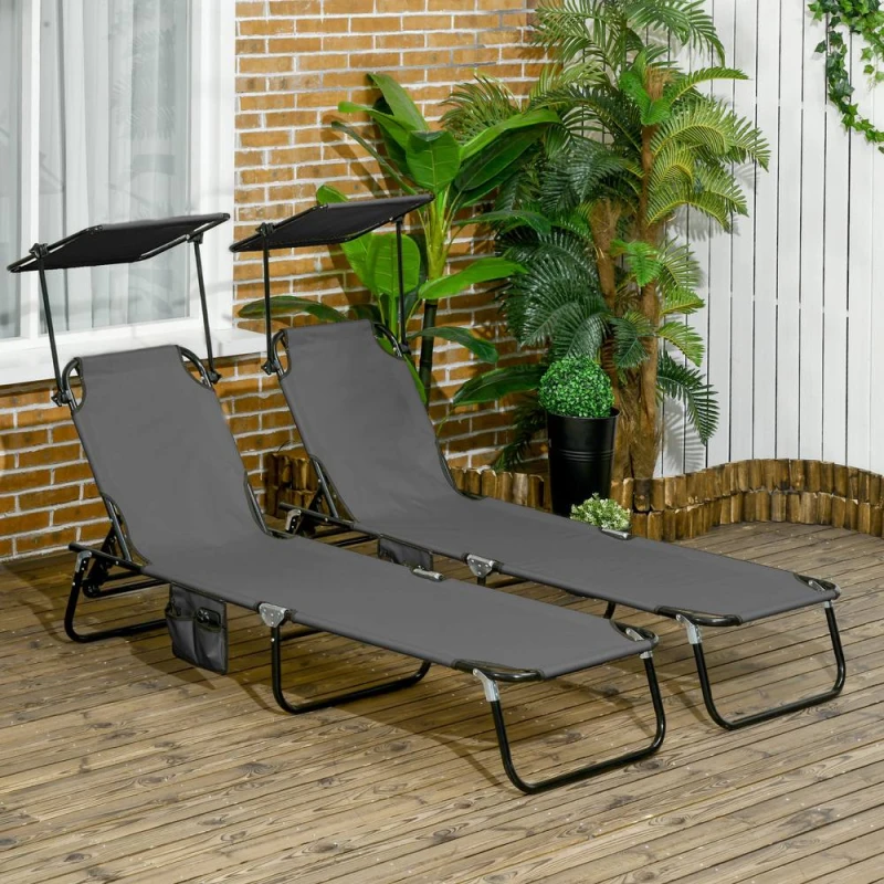Image of Outsunny 2 Piece Folding Sun Loungers with Adjustable Backrest, Dark Grey Mid Grey