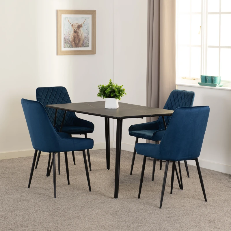 Image of Seconique Marlow & Avery Dining Set (x4 Chairs) - Black Marble/Sapphire Blue Velvet, Black 400-401-354